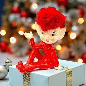 1950s Japan Pixie Elf Figurine Red Furry Hair Kitsch Christmas Vintage Decor